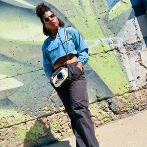 Cropped denim pullover hoodie